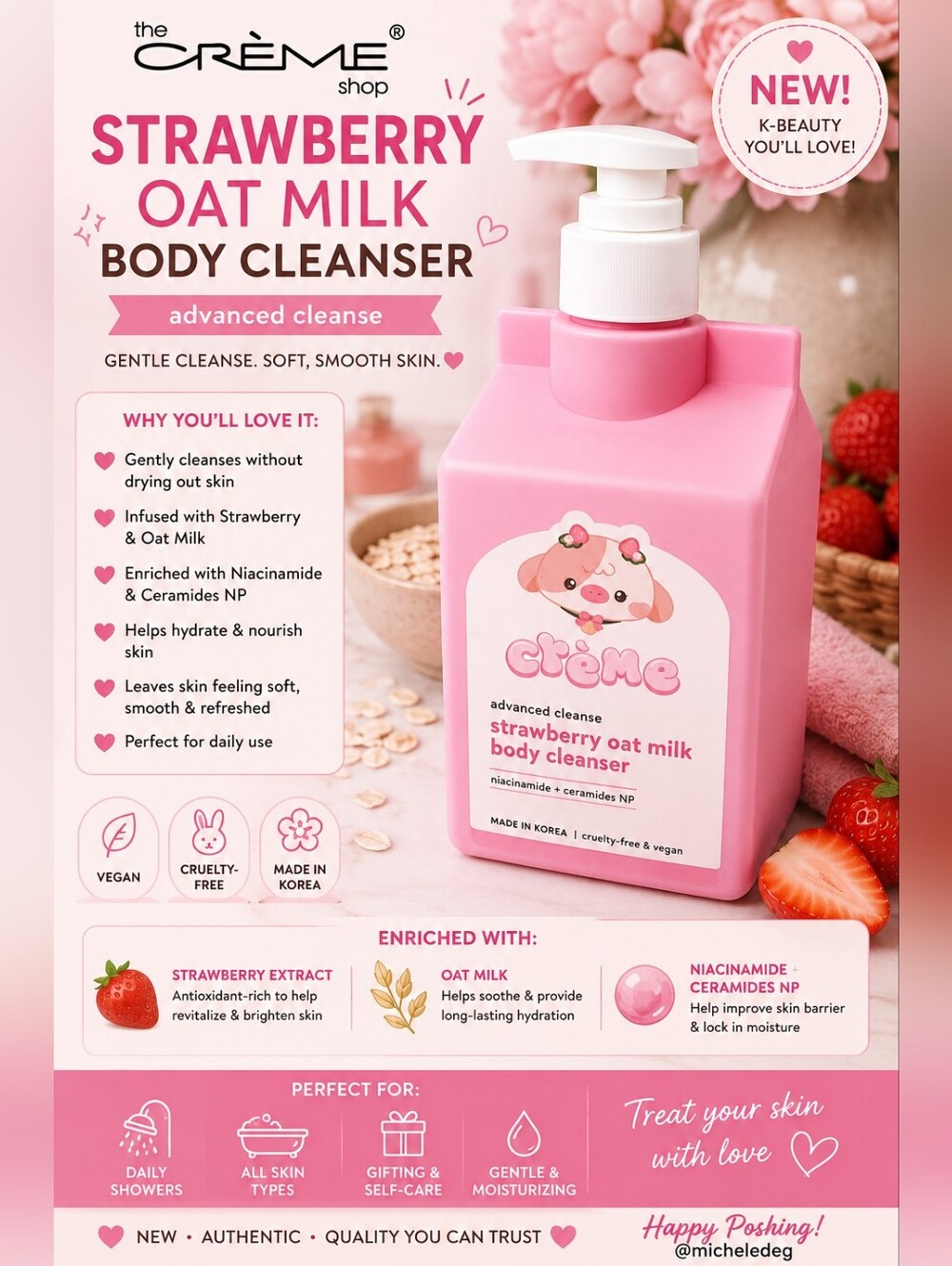 🍓The Crème Shop Strawberry Oat Milk Body Cleanser — Pink